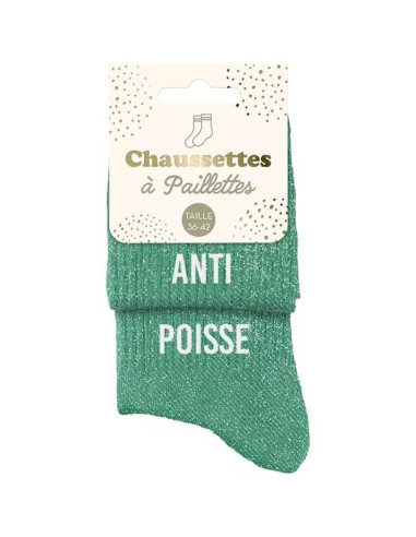 Chaussettes à paillettes duo vert émeraude « ANTI & POISSE » | Cadeau fun & original | BelleFete.ch