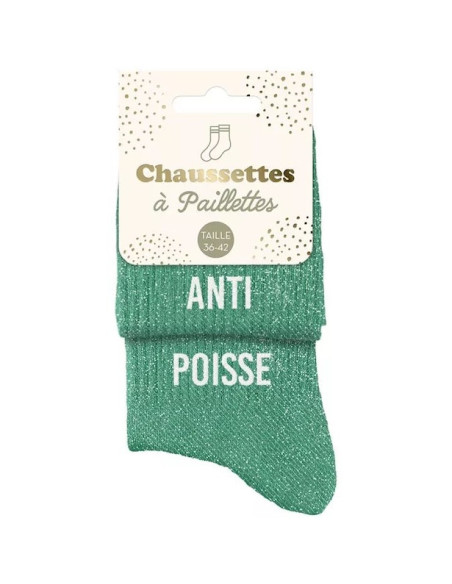 Chaussettes à paillettes duo vert émeraude « ANTI & POISSE » | Cadeau fun & original | BelleFete.ch