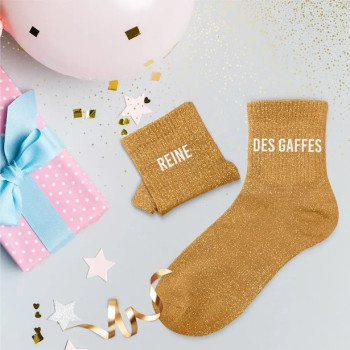 Goldbraune Duo-Paillettensocken "REINE & DES GAFFES" - lustiges und originelles Geschenk | BelleFete.ch