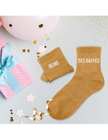 Goldbraune Duo-Paillettensocken "REINE DES GAFFES" - lustiges und originelles Geschenk | BelleFete.ch