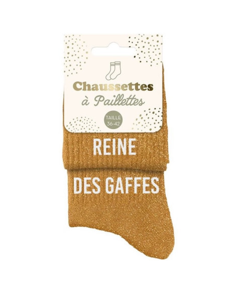 Chaussettes à paillettes duo marron doré « REINE DES GAFFES » | Cadeau fun | BelleFete.ch