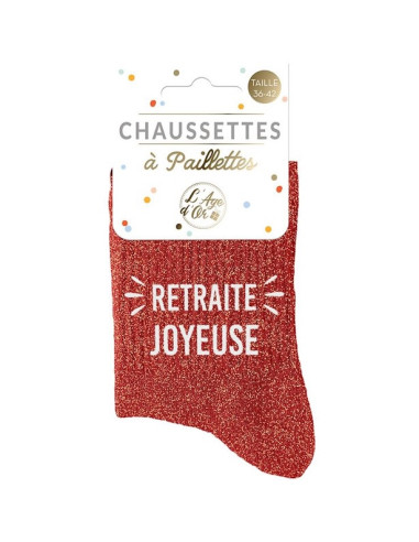 Rote Glitzersocke mit dem Spruch „RETRAITE JOYEUSE“ als Geschenkverpackung-Optik, Damensocken, Größe 36-42.