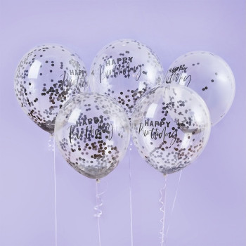 Happy Birthday Luftballons mit schwarzem Konfetti – elegante Geburtstagsdekoration | BelleFete.ch