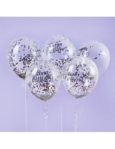 Happy Birthday Luftballons mit schwarzem Konfetti – elegante Geburtstagsdekoration | BelleFete.ch