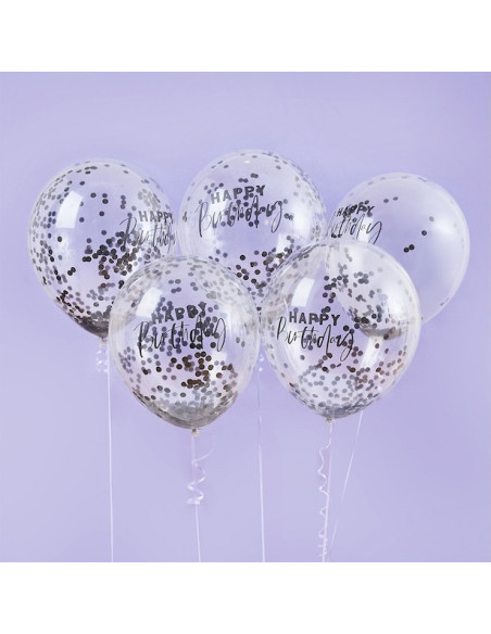Palloncini Happy Birthday con coriandoli neri – decorazione di compleanno elegante | BelleFete.ch