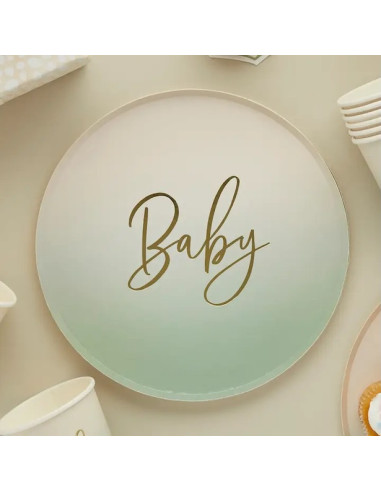 Salbeigrüne Partyteller „Baby“ – Tischdekoration Babyparty | BelleFete.ch