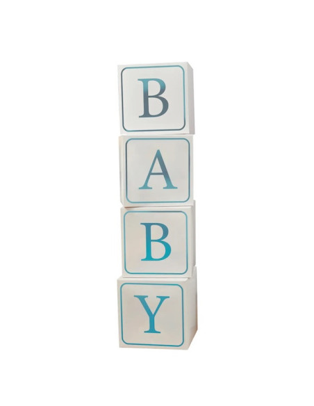 Blaue Deko-Bausteine mit Babymotiv, Stapel mit Buchstaben B-A-B-Y zur Babyparty-Dekoration BelleFete.ch