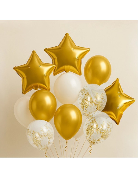 Bouquet de ballons dorés et blancs, étoiles dorées et ballons transparents confettis, décor festif BelleFete.ch.