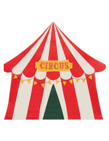 Zirkuszelt-Partyservietten für Kindergeburtstag von BelleFete.ch, rotes und weißes Zeltmotiv mit Circus-Schildern.