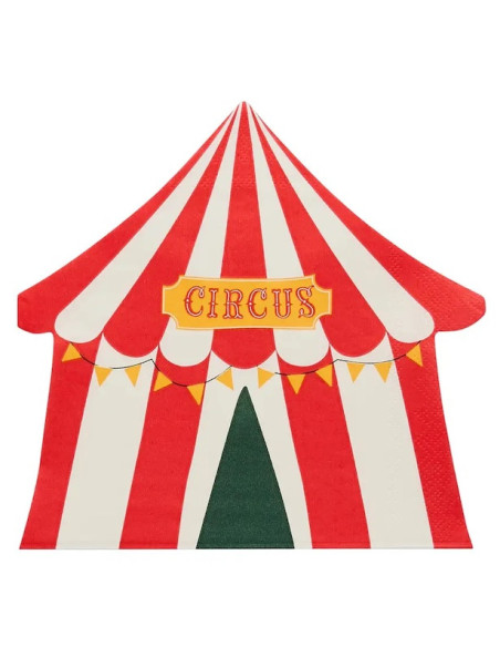 Zirkuszelt-Partyservietten für Kindergeburtstag von BelleFete.ch, rotes und weißes Zeltmotiv mit Circus-Schildern.