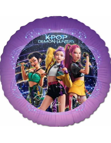 K-Pop Demon Hunters™ Partyballon – Geburtstagsdekoration, zeigt drei tanzende Mädchen im bunten Stil auf lila Hintergrund.