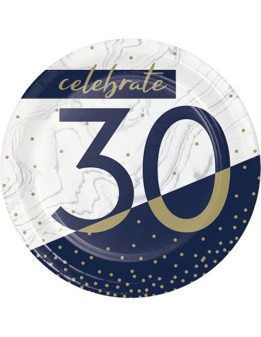 Set di 8 piatti da dessert per un 30° compleanno, blu navy e oro