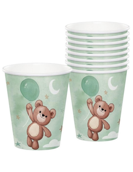 Gobelets en papier Ours en peluche Vert Beige 8 pièces 266 ml | BelleFete.ch