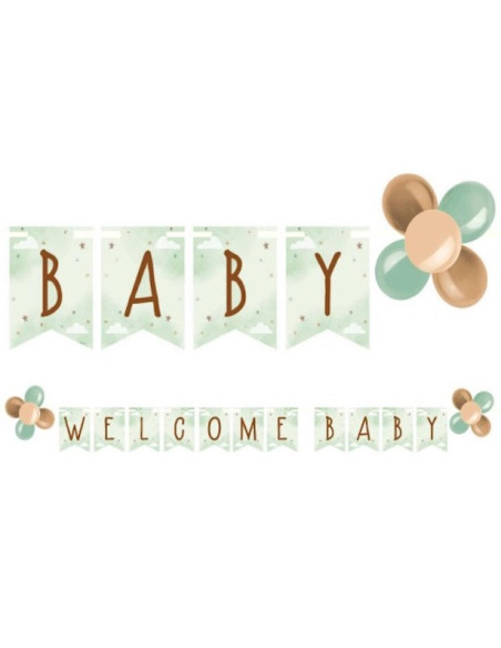 Guirlande de bienvenue pour bébé avec ballons et ourson vert | BelleFete.ch