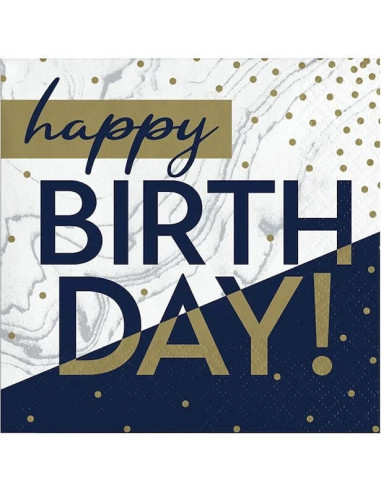 Confezione da 16 tovaglioli Happy Birthday dal design blu navy, dorato e marmorizzato.