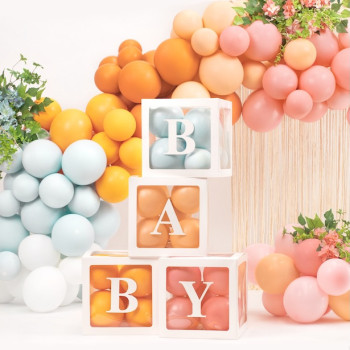 Scatole di palloncini bianche con la scritta BABY | Decorazioni per baby shower e nascita | BelleFete.ch
