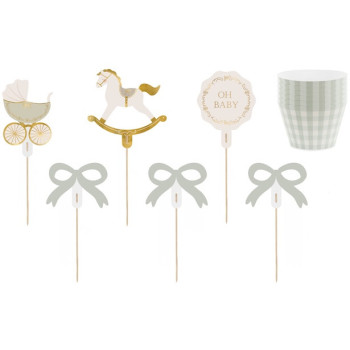 Ensemble muffins Oh Baby décoratifs: caissettes à muffins vert pastel à carreaux, piques mini décorations cheval à bascule et bi 2