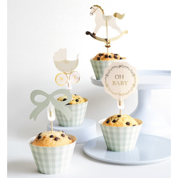 Ensemble muffins Oh Baby décoratifs: caissettes à muffins vert pastel à carreaux, piques mini décorations cheval à bascule et bi