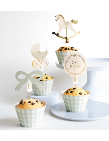 Ensemble muffins Oh Baby décoratifs: caissettes à muffins vert pastel à carreaux, piques mini décorations cheval à bascule et bi