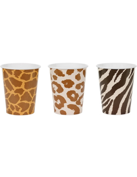 Geburtstagsbecher aus Papier Thema Safari mit Zebra-, Leoparden- und Giraffenmotiven | BelleFete.ch
