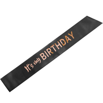 Écharpe satin noire “It’s my birthday” rose gold – accessoire anniversaire festif | BelleFete.ch