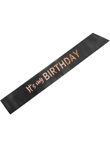 Écharpe satin noire “It’s my birthday” rose gold – accessoire anniversaire festif | BelleFete.ch