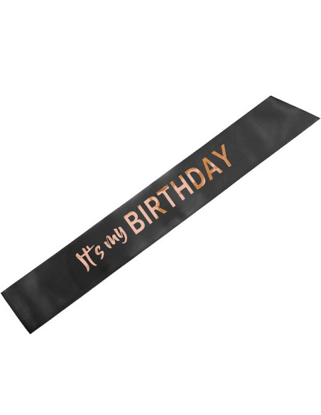 Écharpe satin noire “It’s my birthday” rose gold – accessoire anniversaire festif | BelleFete.ch