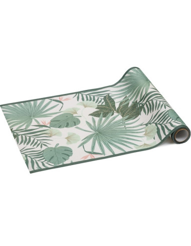 Chemin de table intissé motif feuilles vert-beige – décoration de table tropicale | BelleFete.ch