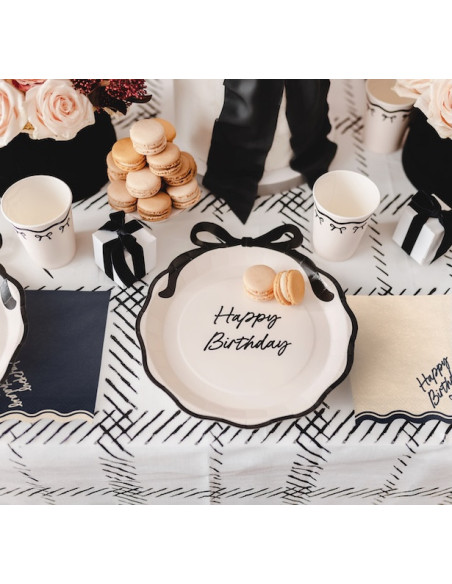 Bicchieri di carta color crema con fiocchi neri | Servizio da tavola elegante per feste | BelleFete.ch