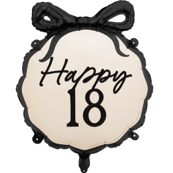 Ballon aluminium Happy 18 crème et noir avec nœud – décoration anniversaire 18 ans | BelleFete.ch