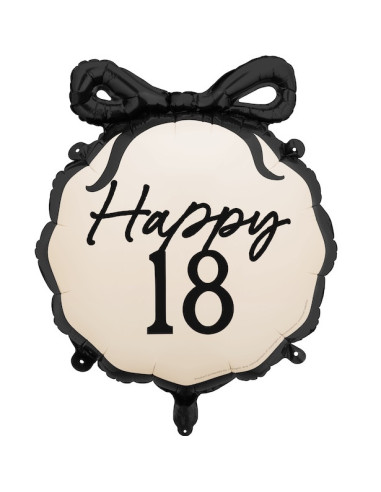 Ballon aluminium Happy 18 crème et noir avec nœud – décoration anniversaire 18 ans | BelleFete.ch