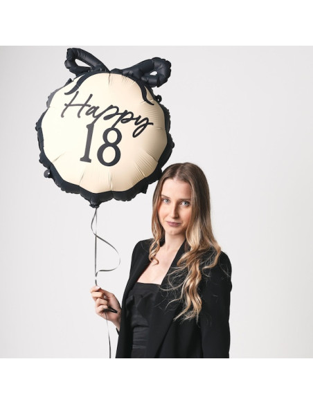 Ballon Aluminium Happy 18 Crème & Noir | Décoration anniversaire 18 ans | BelleFete.ch