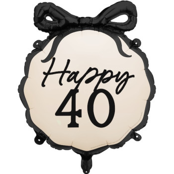 Ballon aluminium Happy 40 crème et noir avec nœud – décoration anniversaire 40 ans | BelleFete.ch