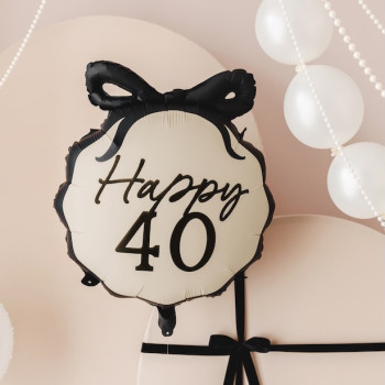Ballon aluminium Happy 40 crème et noir avec nœud – décoration anniversaire 40 ans | BelleFete.ch 2