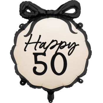 Aluminiumballon Happy 50 Creme und schwarz mit Schleife – Dekoration 50 Jahre Jubiläum | BelleFete.ch