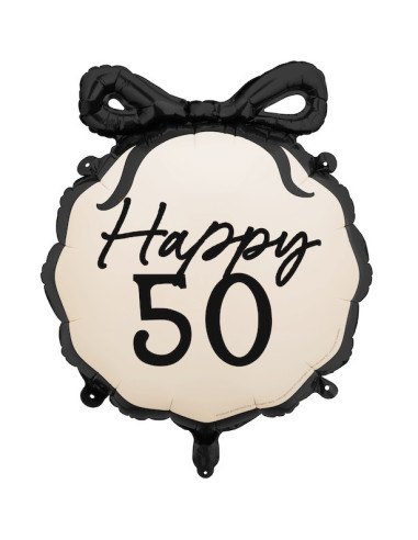 Palloncino in alluminio Happy 50 crema e nero con fiocco – decorazione anniversario 50 anni | BelleFete.ch