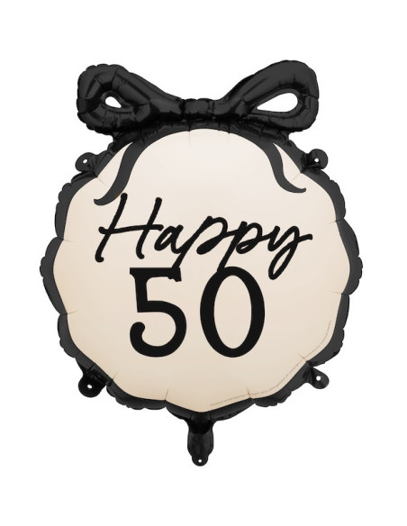 Ballon aluminium Happy 50 crème et noir avec nœud – décoration anniversaire 50 ans | BelleFete.ch