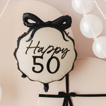 Ballon aluminium Happy 50 crème et noir avec nœud – décoration anniversaire 50 ans | BelleFete.ch 2