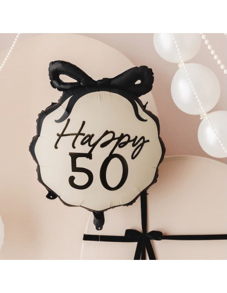 Happy 50 – Cremefarbener und schwarzer Folienballon | Dekoration zum 50. Geburtstag | BelleFete.ch