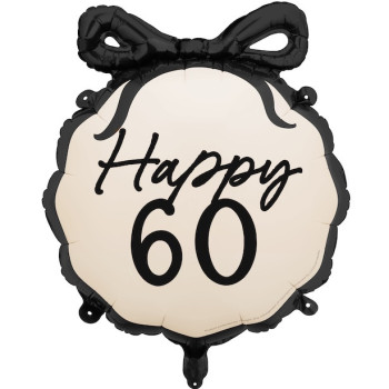 Aluminiumballon Happy 60 creme und schwarz mit Schleife – Dekoration Geburtstag 60 Jahre | BelleFete.ch