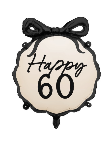 Palloncino in alluminio Happy 60 crema e nero con fiocco – decorazione compleanno 60 anni | BelleFete.ch