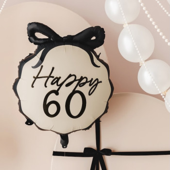 Palloncino in alluminio Happy 60 crema e nero con fiocco – decorazione compleanno 60 anni | BelleFete.ch 2