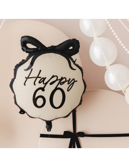 Happy 60 – Cremefarbener und schwarzer Folienballon | Dekoration zum 60. Geburtstag | BelleFete.ch