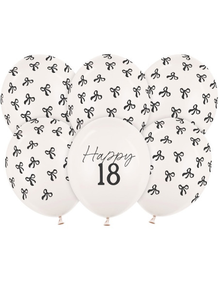 Ballons Happy 18 crème avec nœuds noirs – décoration anniversaire 18 ans | BelleFete.ch