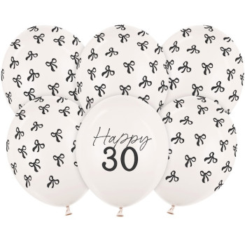 Ballons Happy 30 crème avec nœuds noirs – décoration anniversaire 30 ans | BelleFete.ch