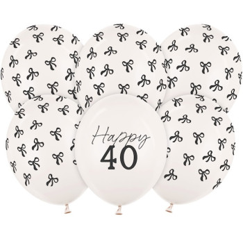 Ballons Happy 40 crème avec nœuds noirs – décoration anniversaire 40 ans | BelleFete.ch
