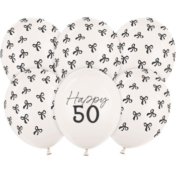 Ballons Happy 50 crème avec nœuds noirs – décoration anniversaire 50 ans | BelleFete.ch