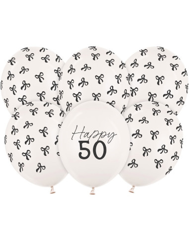 Ballons Happy 50 crème avec nœuds noirs – décoration anniversaire 50 ans | BelleFete.ch