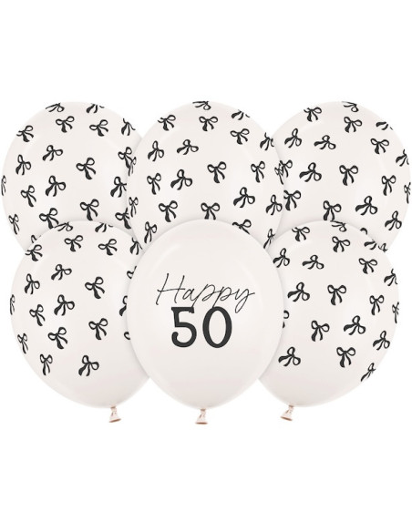Ballons Happy 50 crème avec nœuds noirs – décoration anniversaire 50 ans | BelleFete.ch