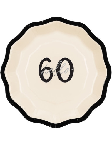 Piatti di carta Hello 60 crema, nero e argento – decorazione compleanno 60 anni | BelleFete.ch